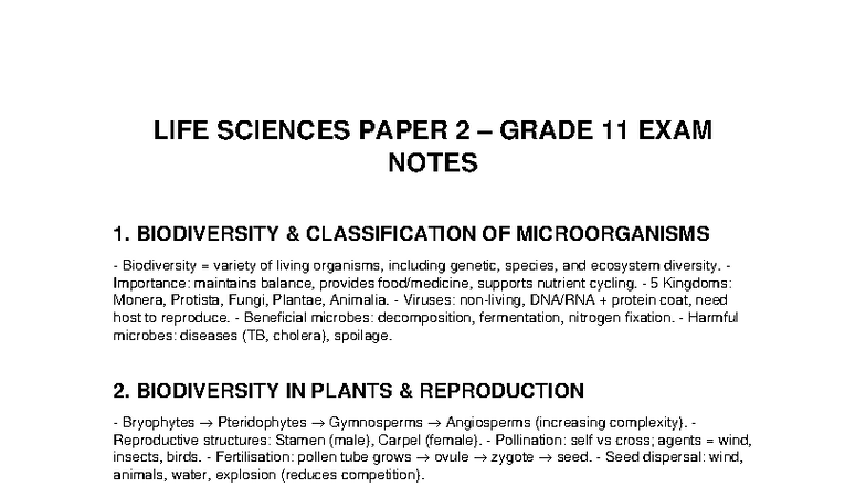 Life Sciences Paper 2 Grade 11 Exam Notes: Biodiversity & Ecology - Studocu