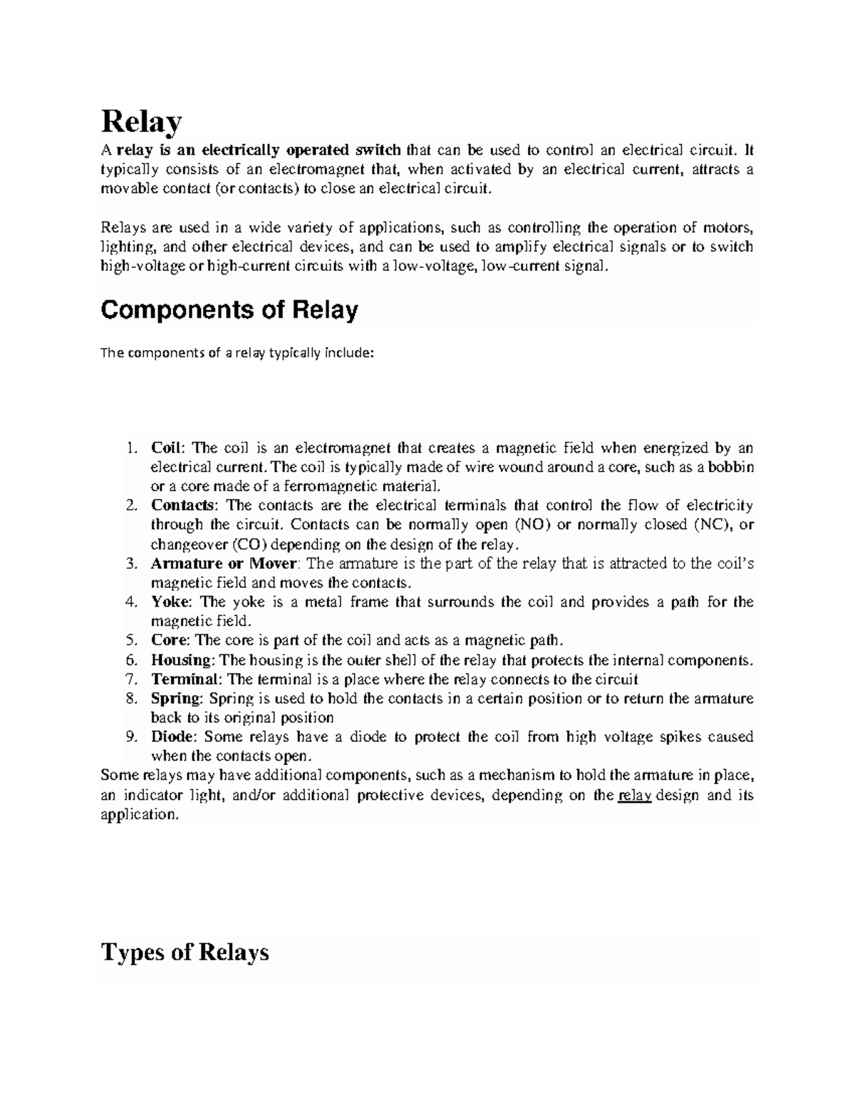 Relay Overview and Applications in Electrical Circuits - Studocu