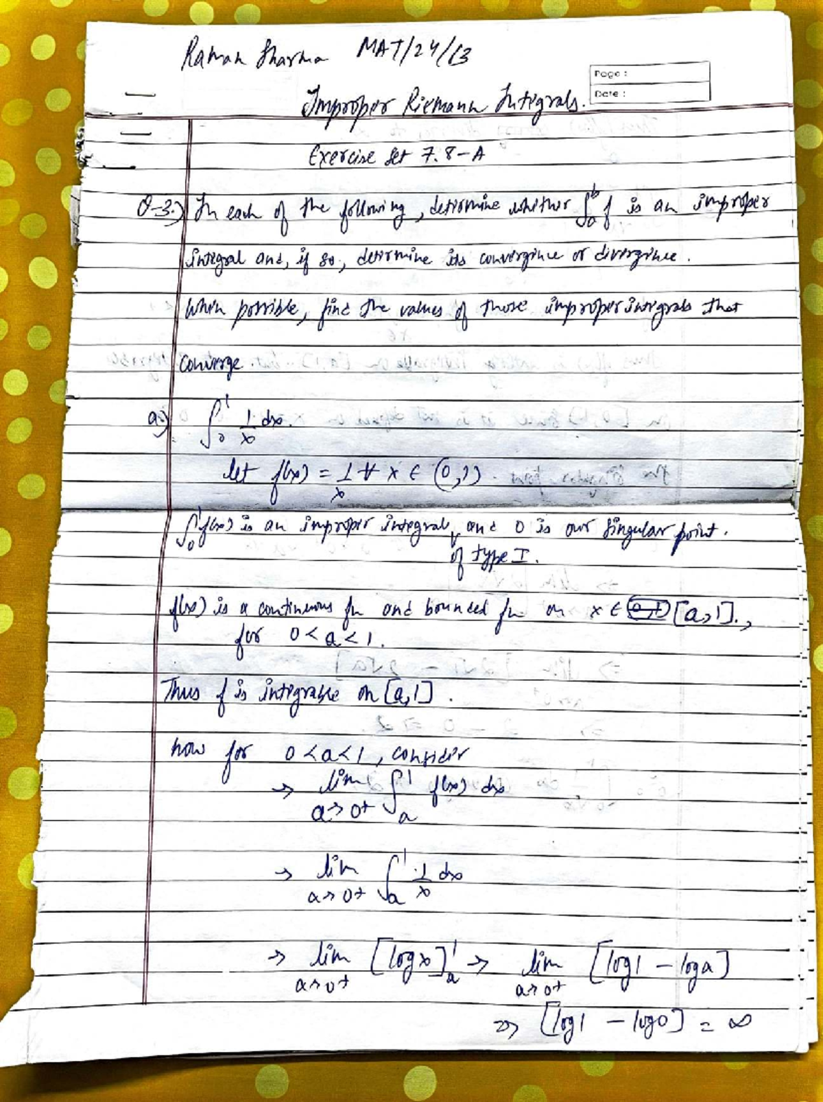 Riemann Assignment: Analyzing Improper Integrals and Convergence - Studocu