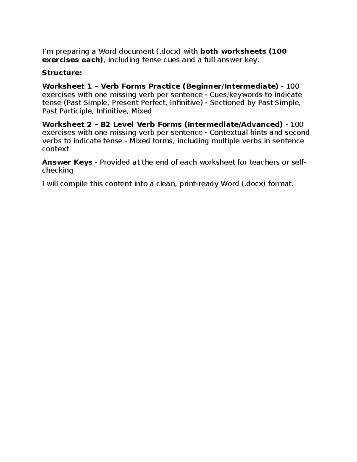 Verb Forms Worksheets (B2 Level) - 200 Exercises & Answer Key - Studocu