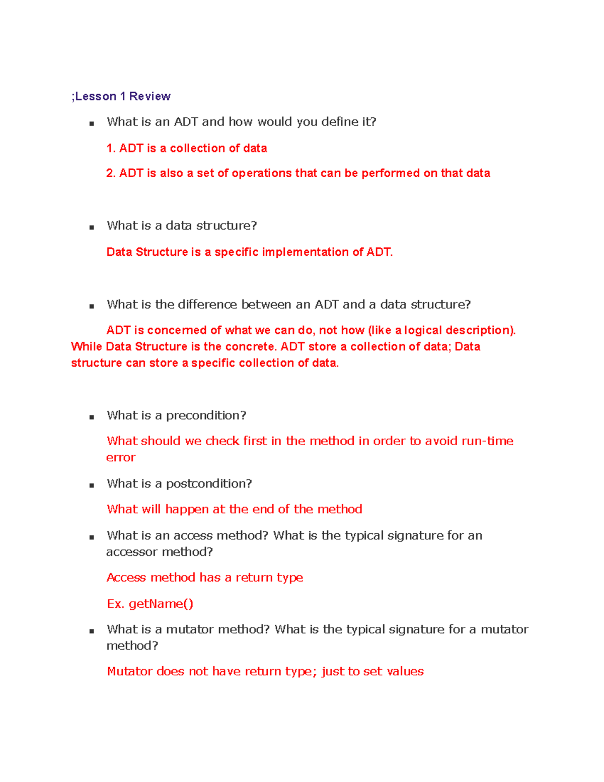 CIS 22C - Midterm 1 - ;Lesson 1 Review What is an ADT and how would you ...