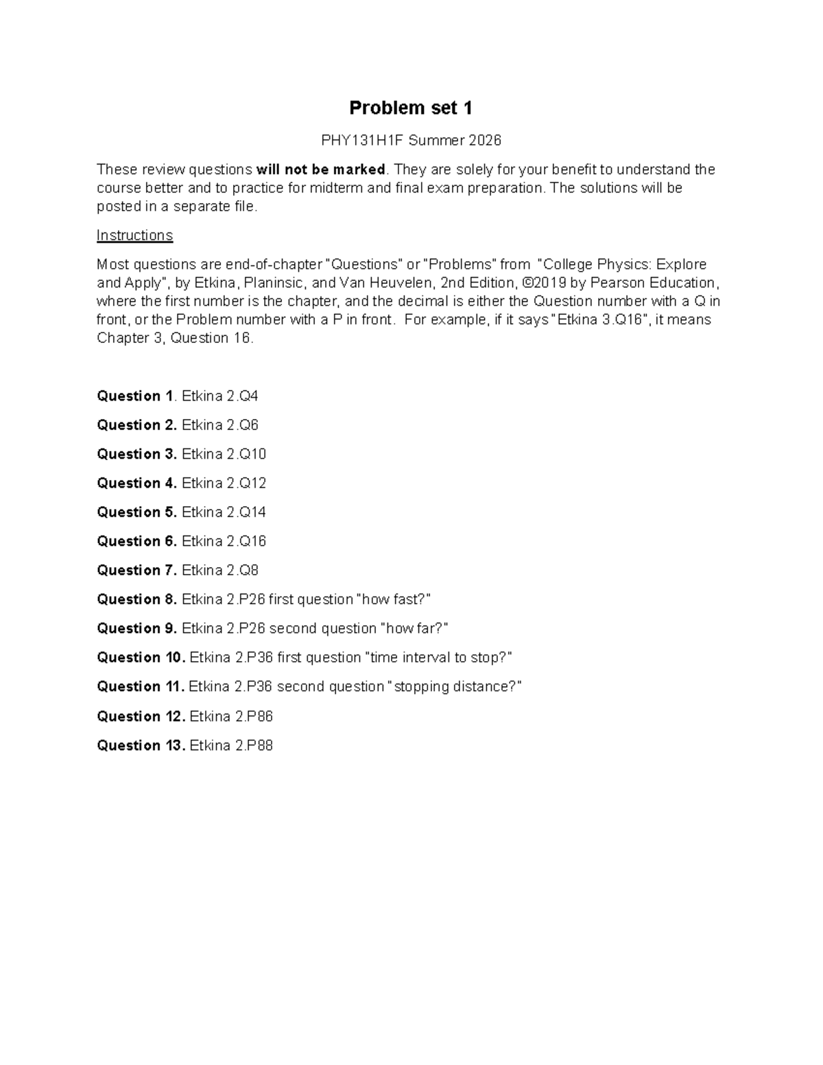 Practice Problem Set 1 for PHY131H1F - Summer 2026 - Studocu
