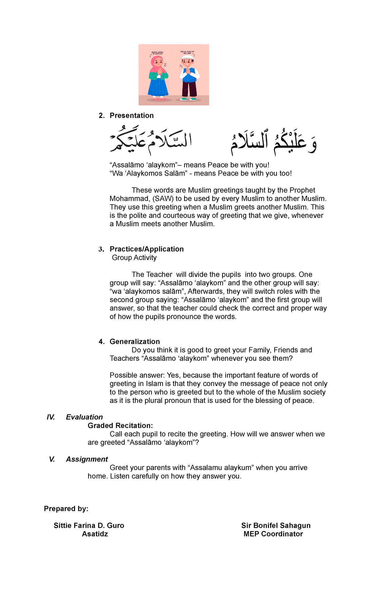 Arabic Language LP1: Lesson Plan on Muslim Greetings 