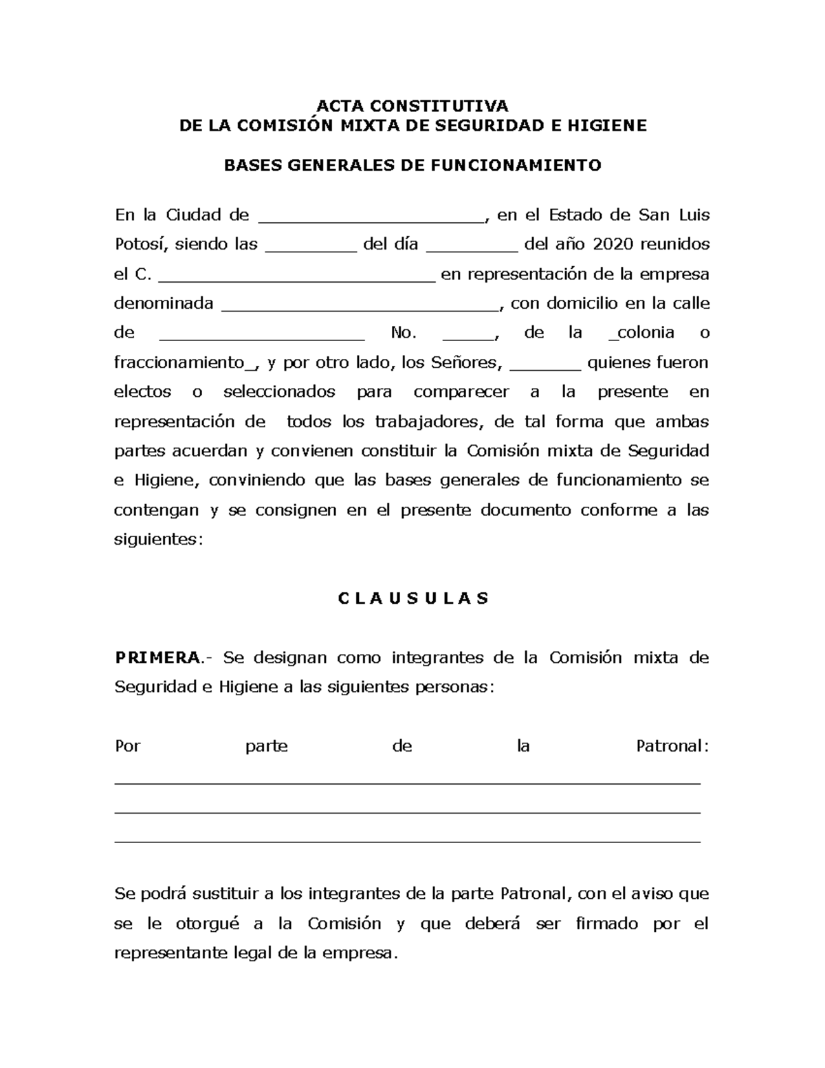 ACTA CONSTITUTIVA DE LA COMISIÓN MIXTA DE SEGURIDAD E HIGIENE - Studocu