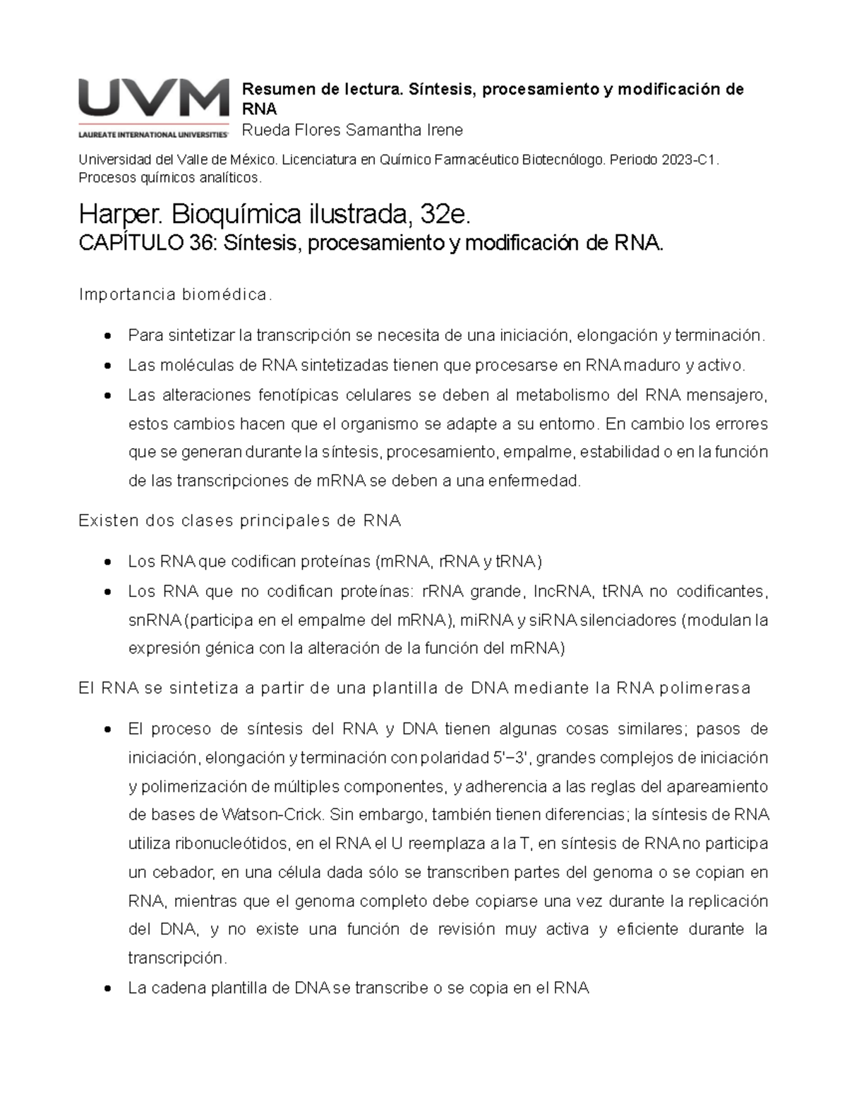 Resumen de Lectura: Síntesis y Modificación del RNA - Químico ...