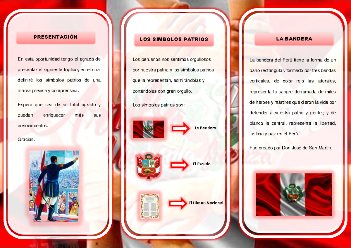 Tríptico sobre los símbolos patrios del Perú: Bandera, Escudo, Himno - Document Preview