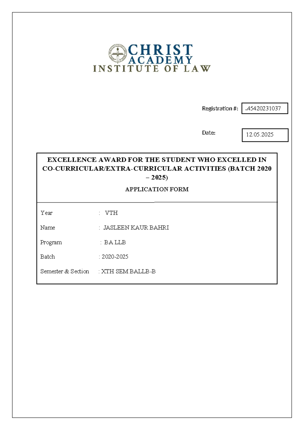 Excellence Award Application Form for BA LLB Students (Batch 2020-2025 ...