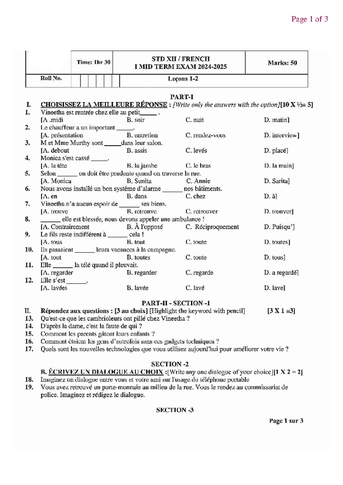 STD XII I MID TERM 2024 Exam Leçons 1 & 2 - Marks: 50 - Studocu