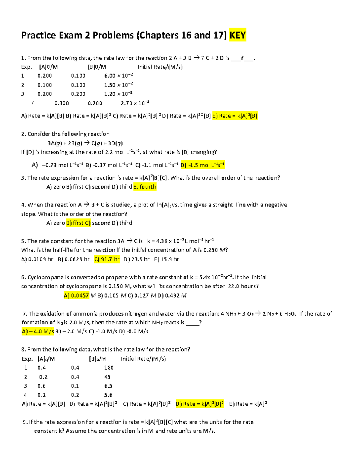 CHEM 1041 Practice Exam 2 Problems and Solutions KEY - Studocu