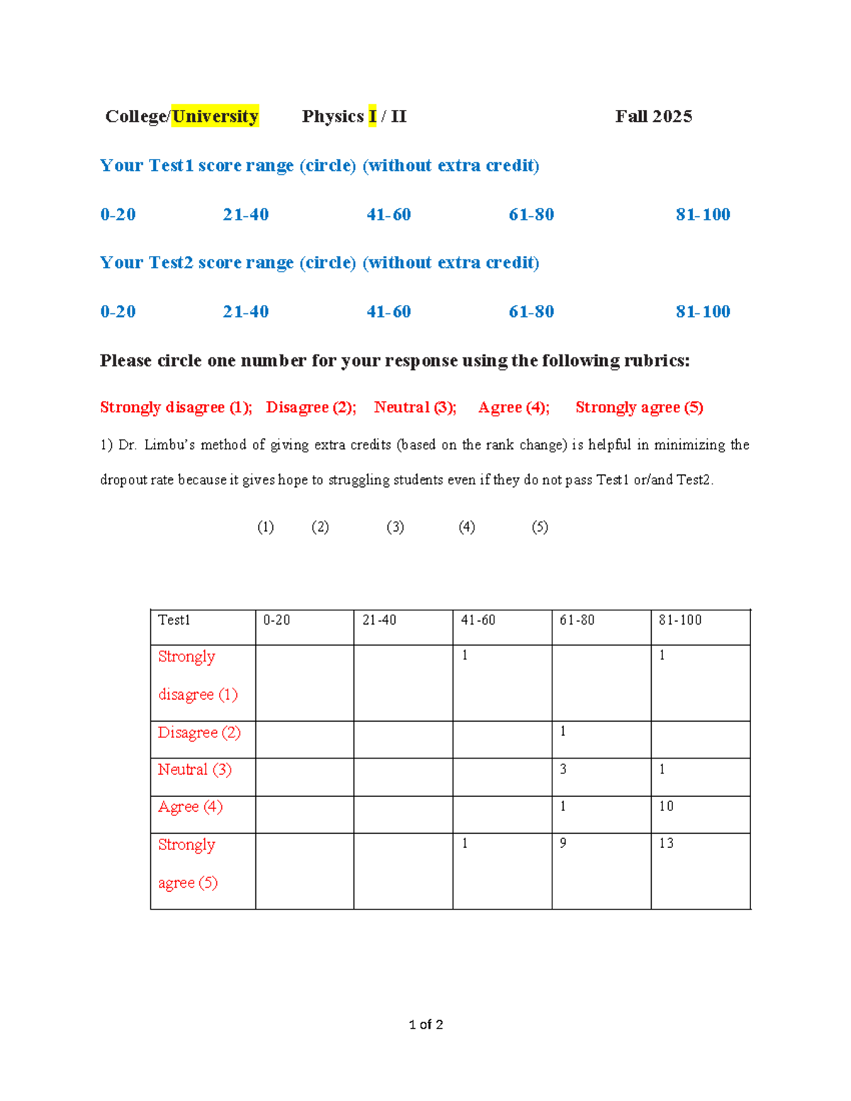 Physics I II Fall 2025: Survey on Extra Credit Impact - Studocu