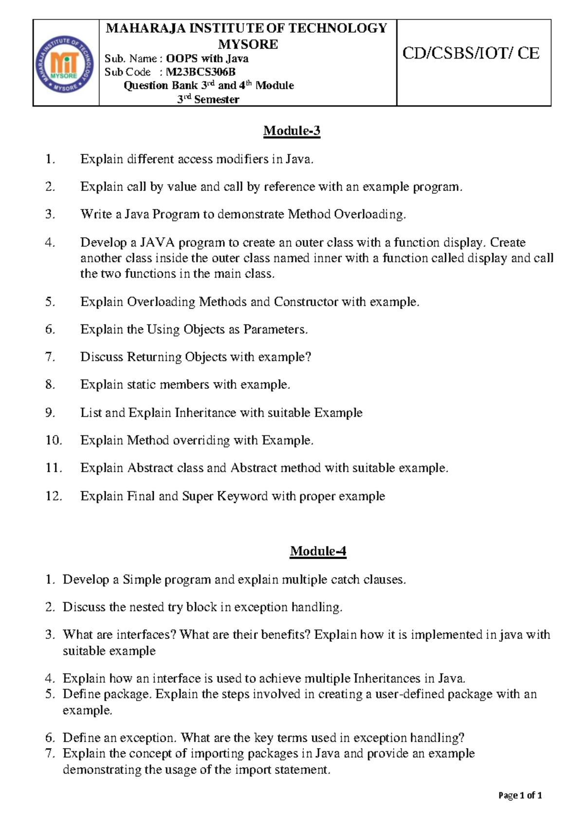 Java M23BCS306B - OOPS Question Bank for 3rd & 4th Modules - Studocu