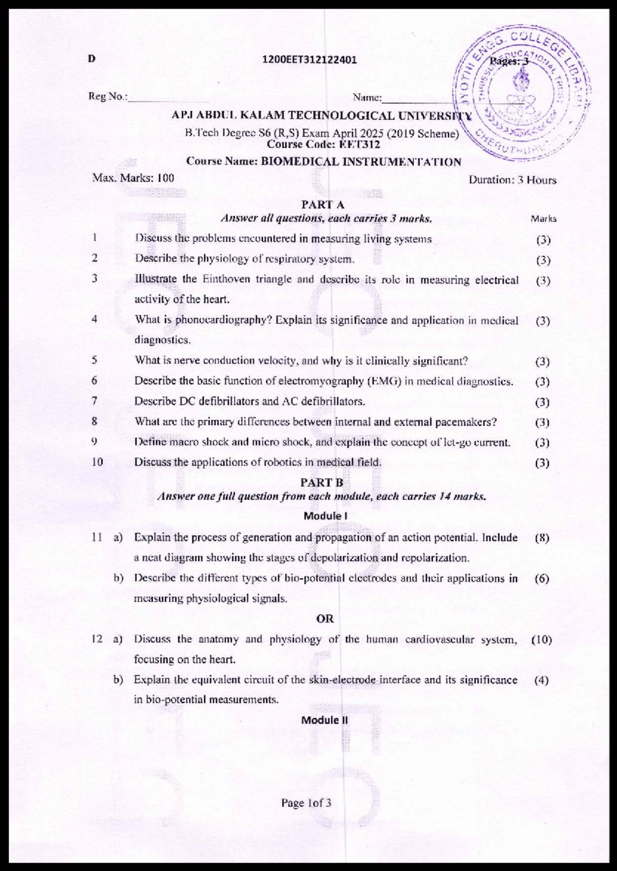 EET312 Biomedical Instrumentation Exam Notes - April 2025 - Studocu