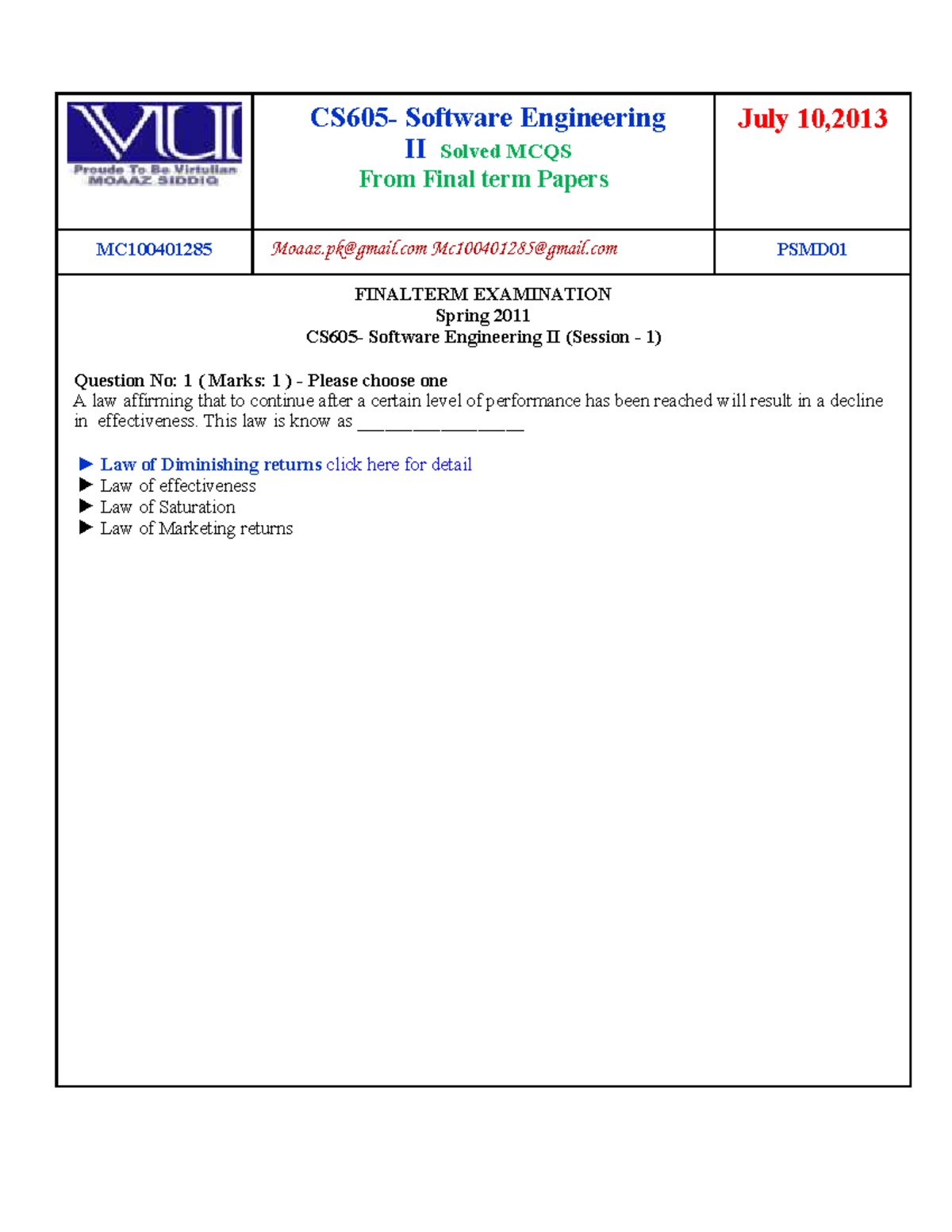 CS605 - Software Engineering II Final Term MCQs Solutions - Studocu