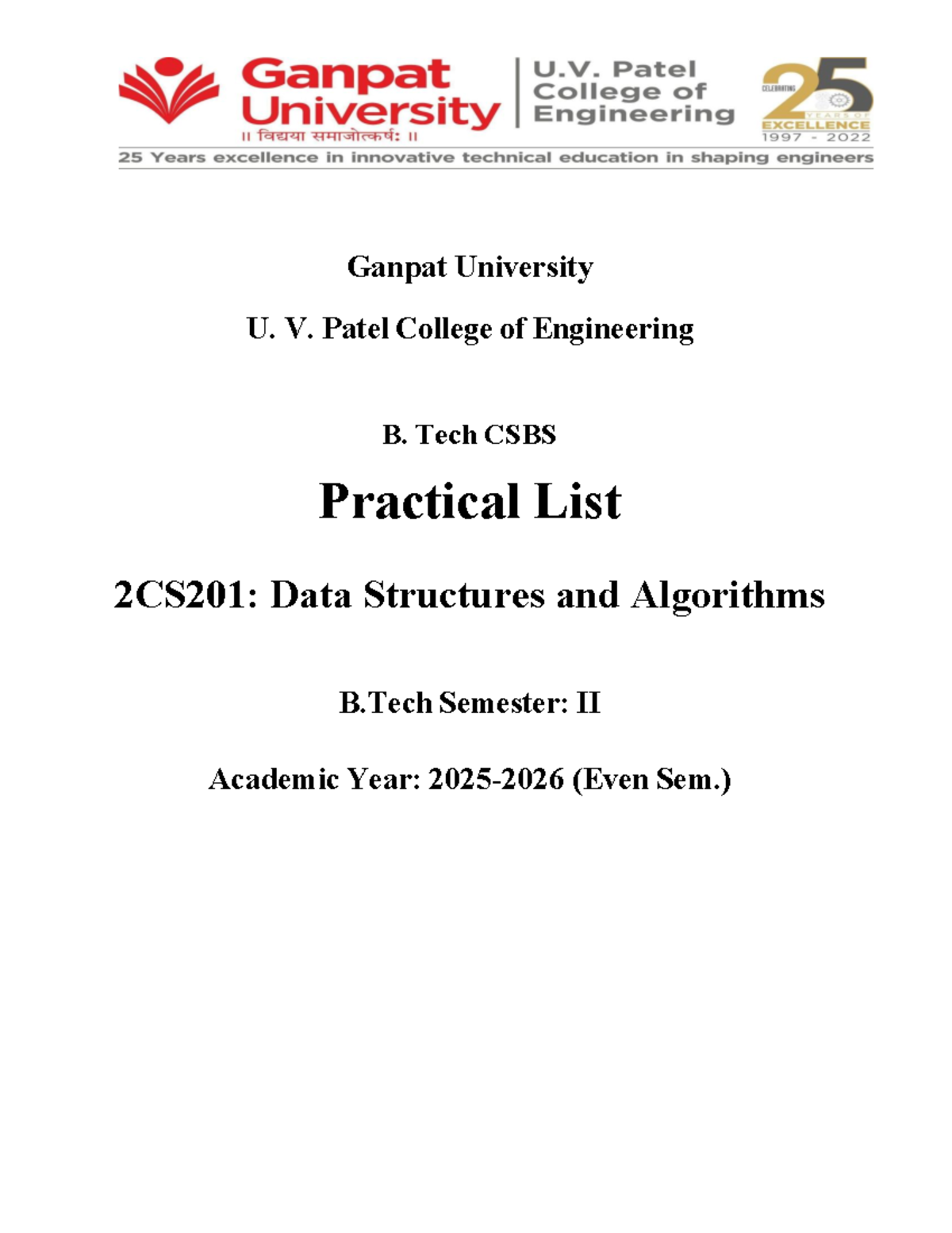 2CS201 Data Structures & Algorithms Practical List for AY 2025-2026 ...