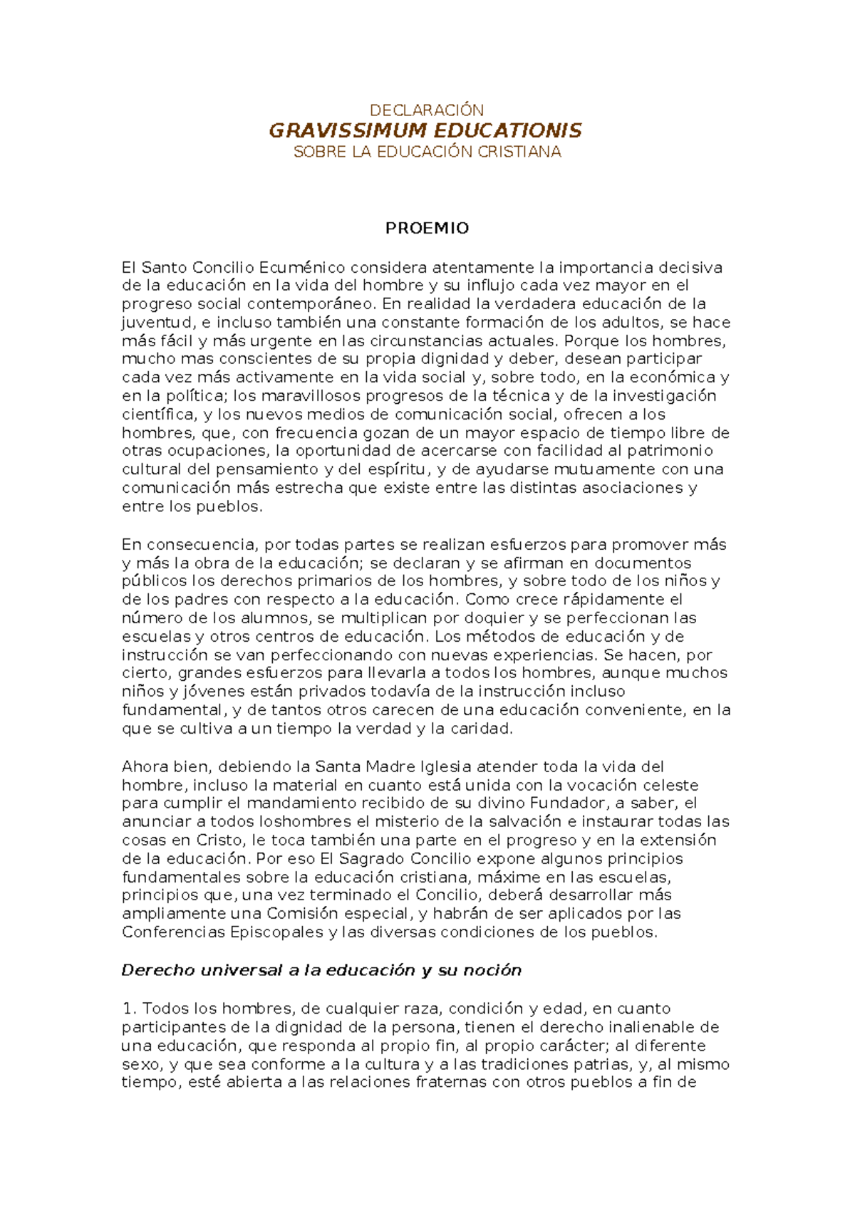 Declaración Gravissimum Educationis: Principios de Educación Cristiana ...