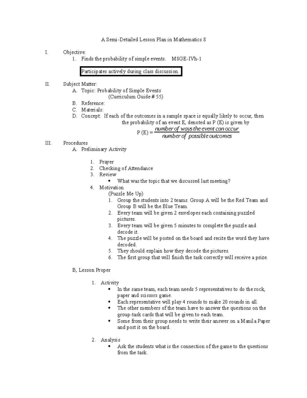 Semi-Detailed Lesson Plan: Probability of Simple Events (Math 8) - Studocu