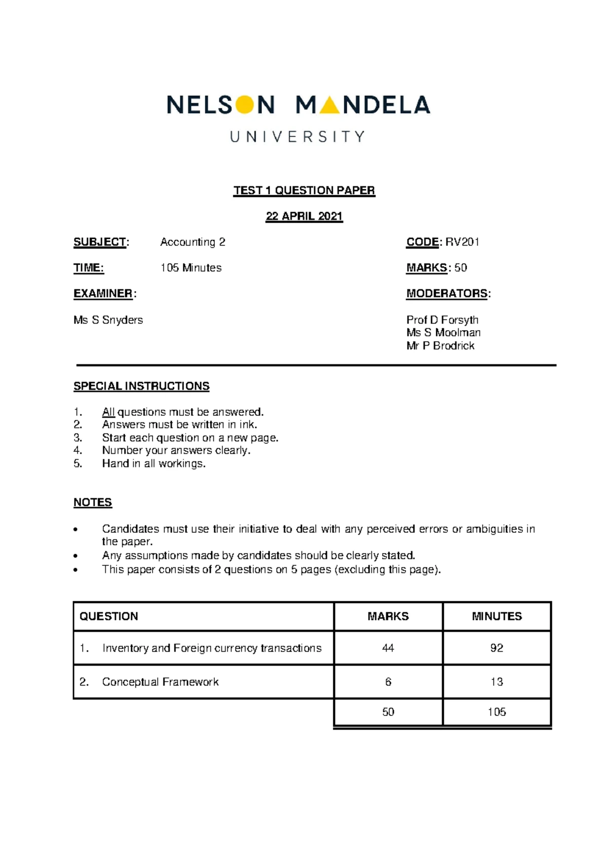 RV201 Test 1: Accounting Question Paper - March 2024 - Studocu