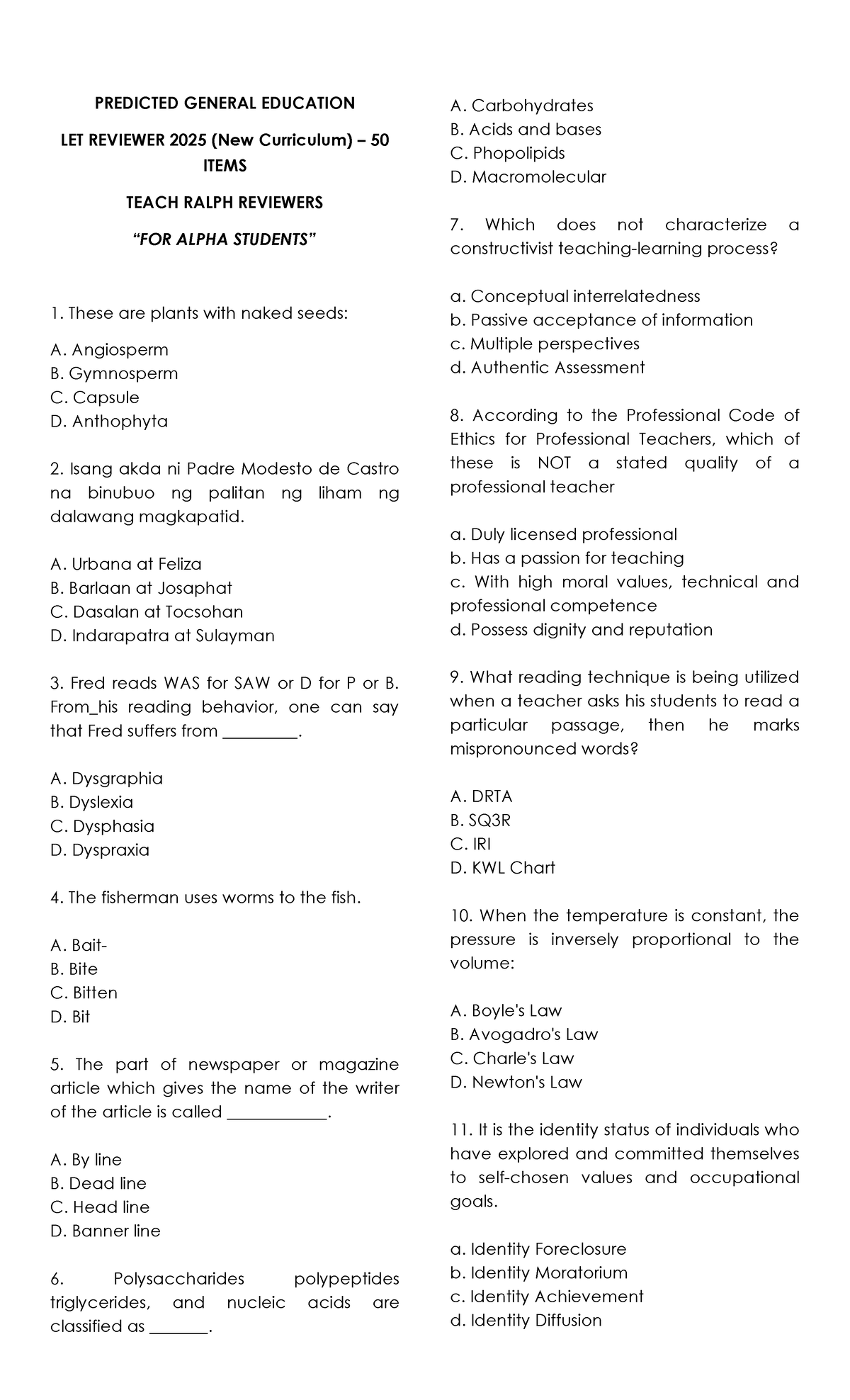 General Education LET Review 2025: Predicted Questions & Answers - Studocu
