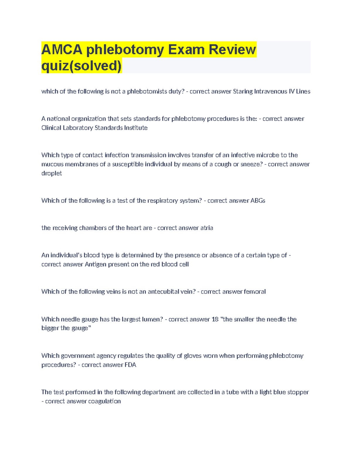 AMCA Phlebotomy Exam Review: Quiz Solutions & Key Concepts - Studocu