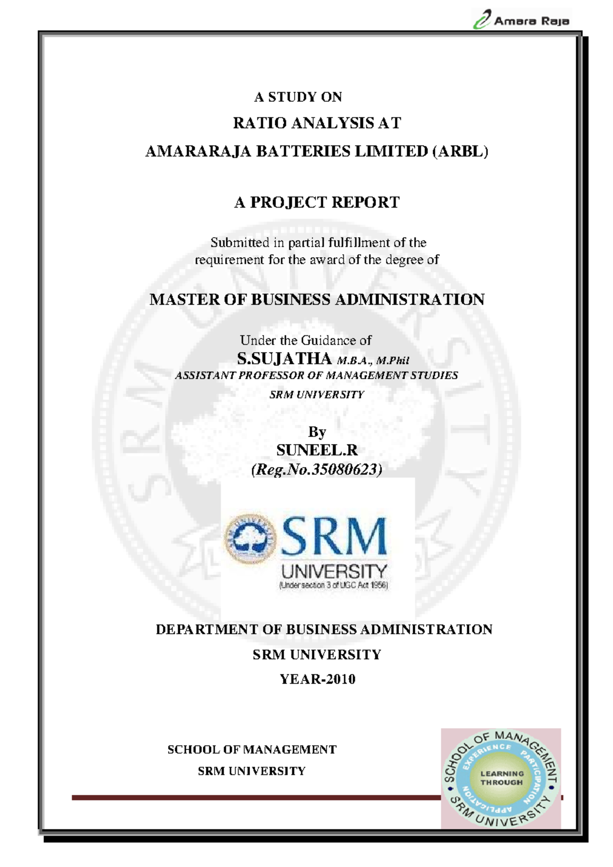 MBA Project Report: Ratio Analysis of Amararaja Batteries Ltd. - Studocu