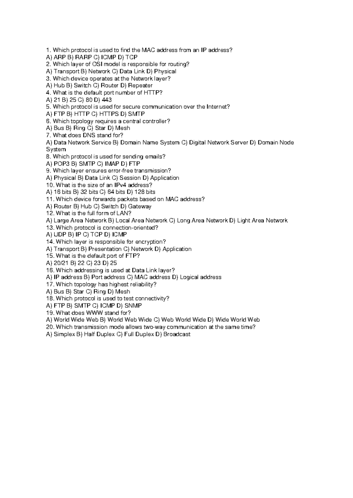 Computer Networks: 20 MCQs for Exam Preparation - Studocu