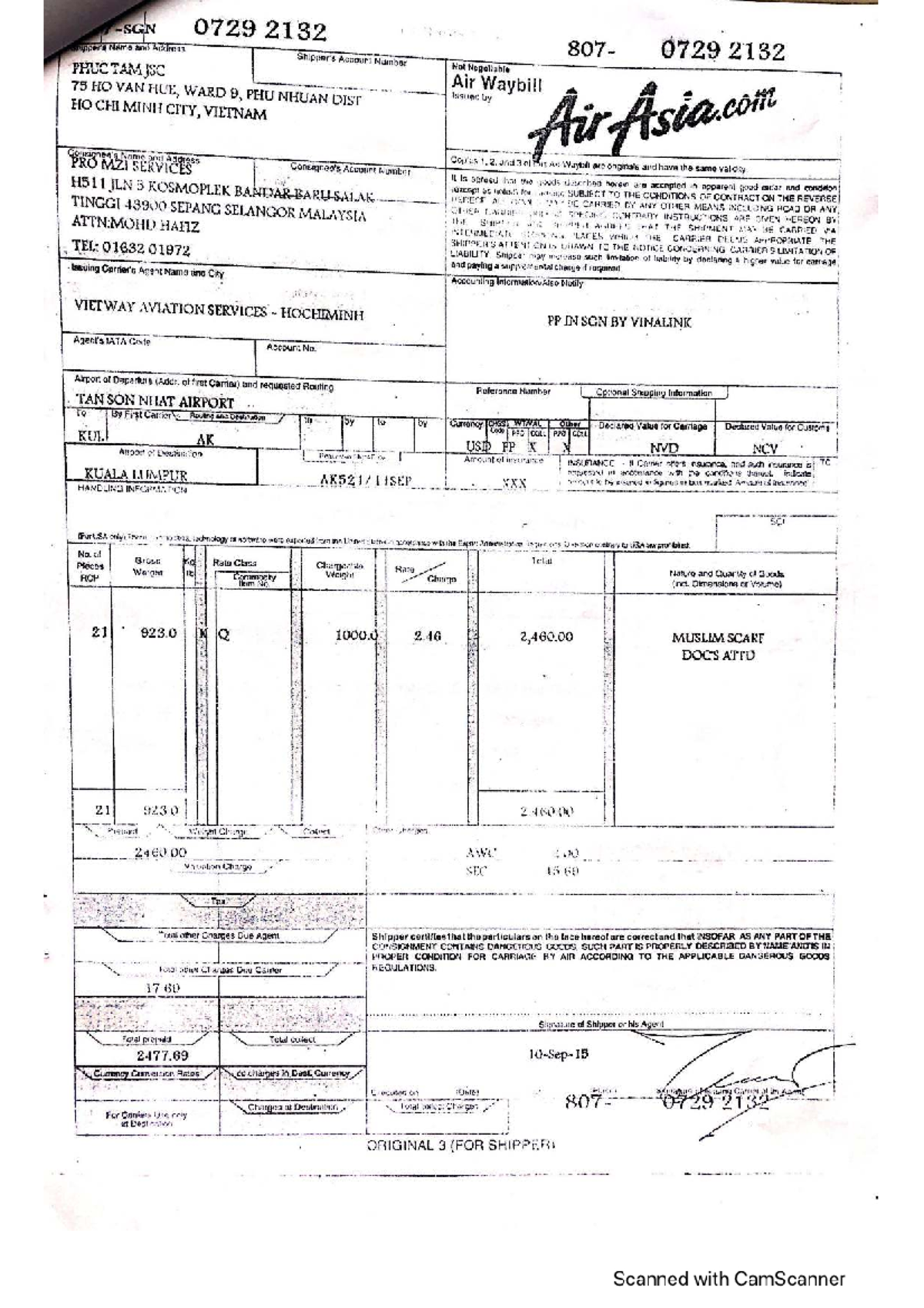 AWB 0729 2132 Shipping Document for Air Cargo - Asia 2020 - Studocu