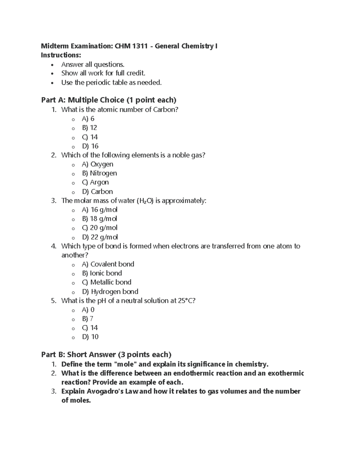Midterm Exam Review: CHM 1311 General Chemistry I Practice Questions ...