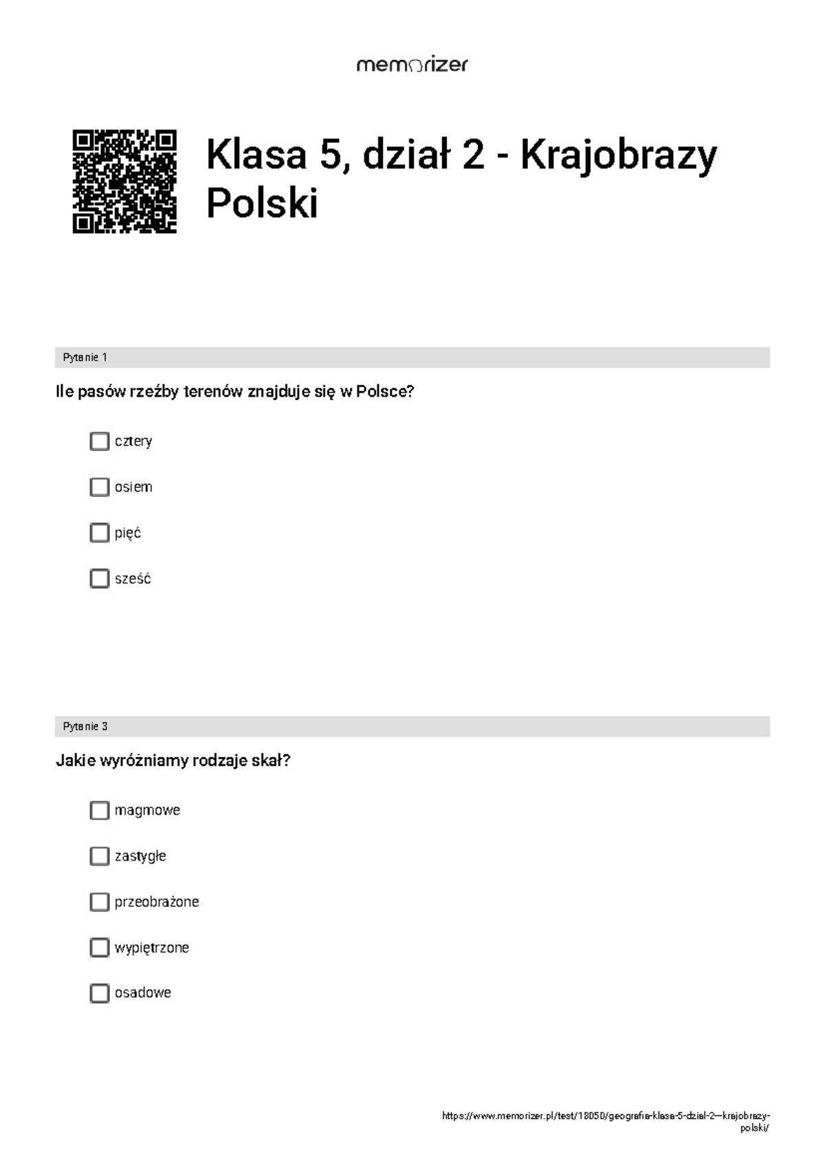 Krajobrazy Polski - Test Geografia Klasa 5, Dział 2 - Rozwiąż - Studocu