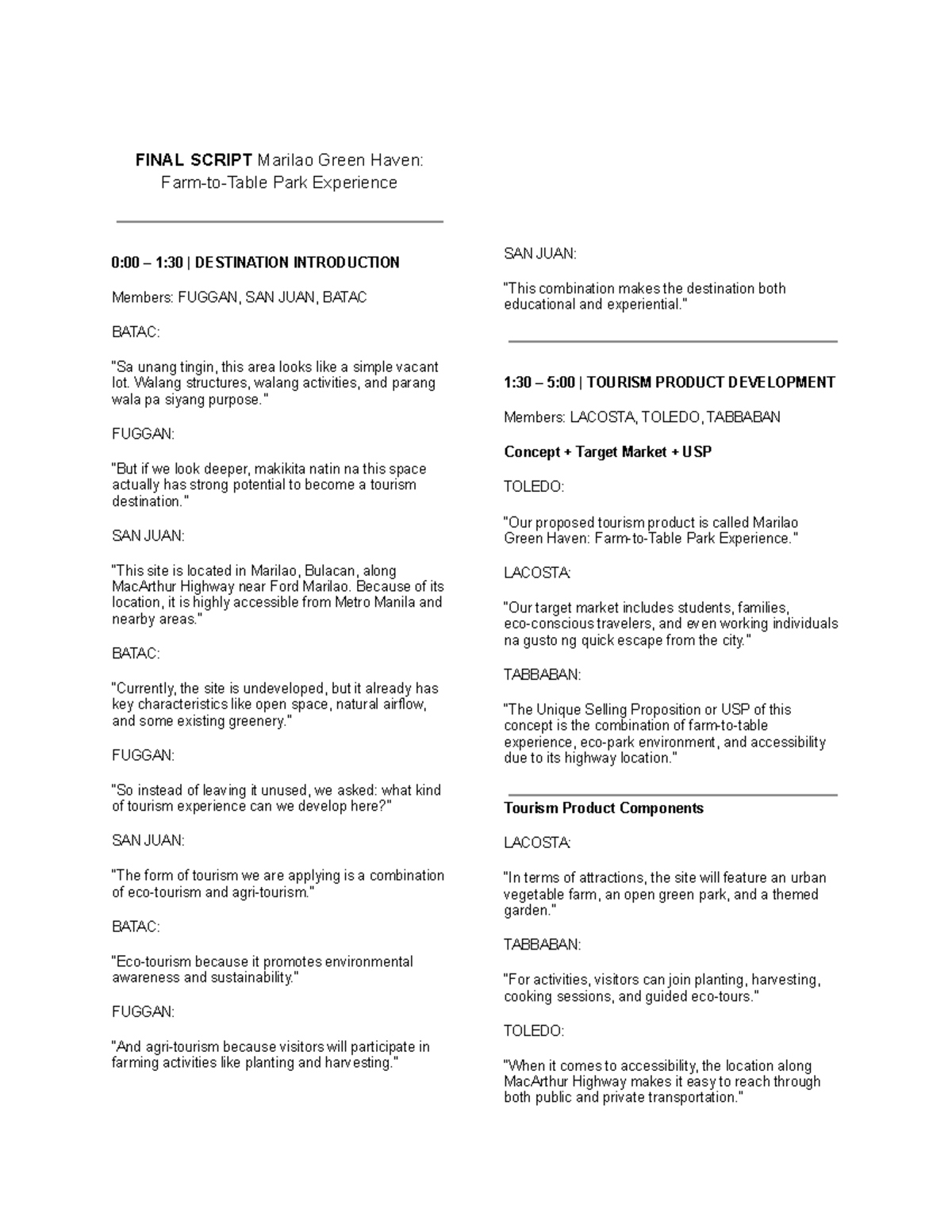 FINAL SCRIPT: Marilao Green Haven Park Experience (TPPD) - Studocu