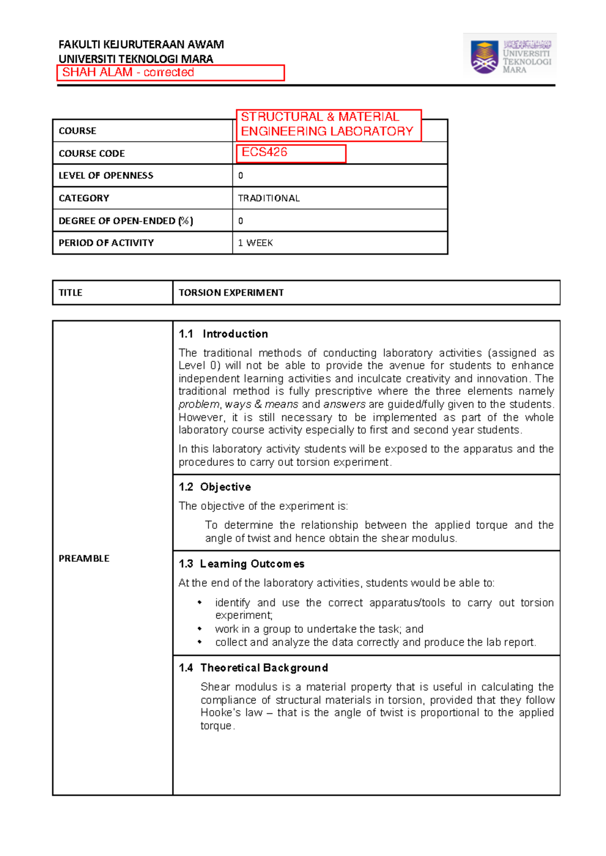 ECS 258 Torsion Experiment Lab Manual - Level 0 Activities - Studocu