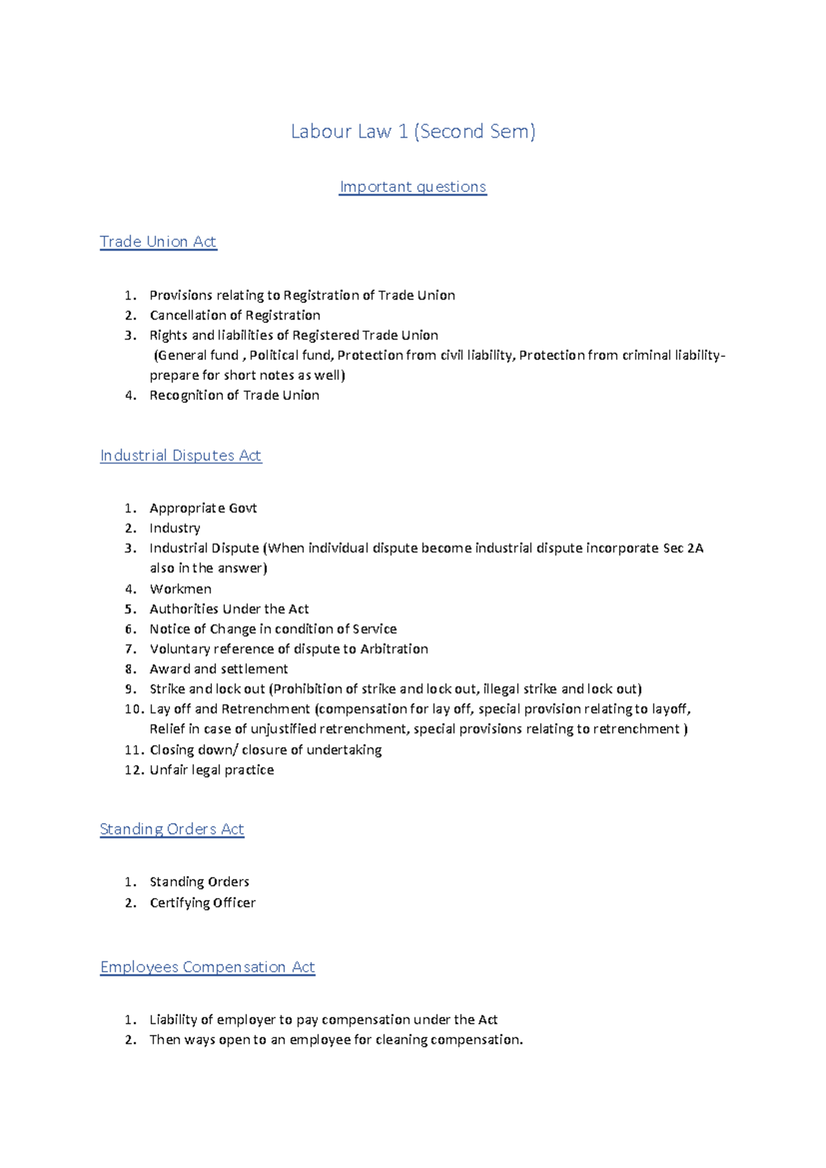 Labour Law 1 (2nd Sem) Key Questions for Exam Preparation - Studocu