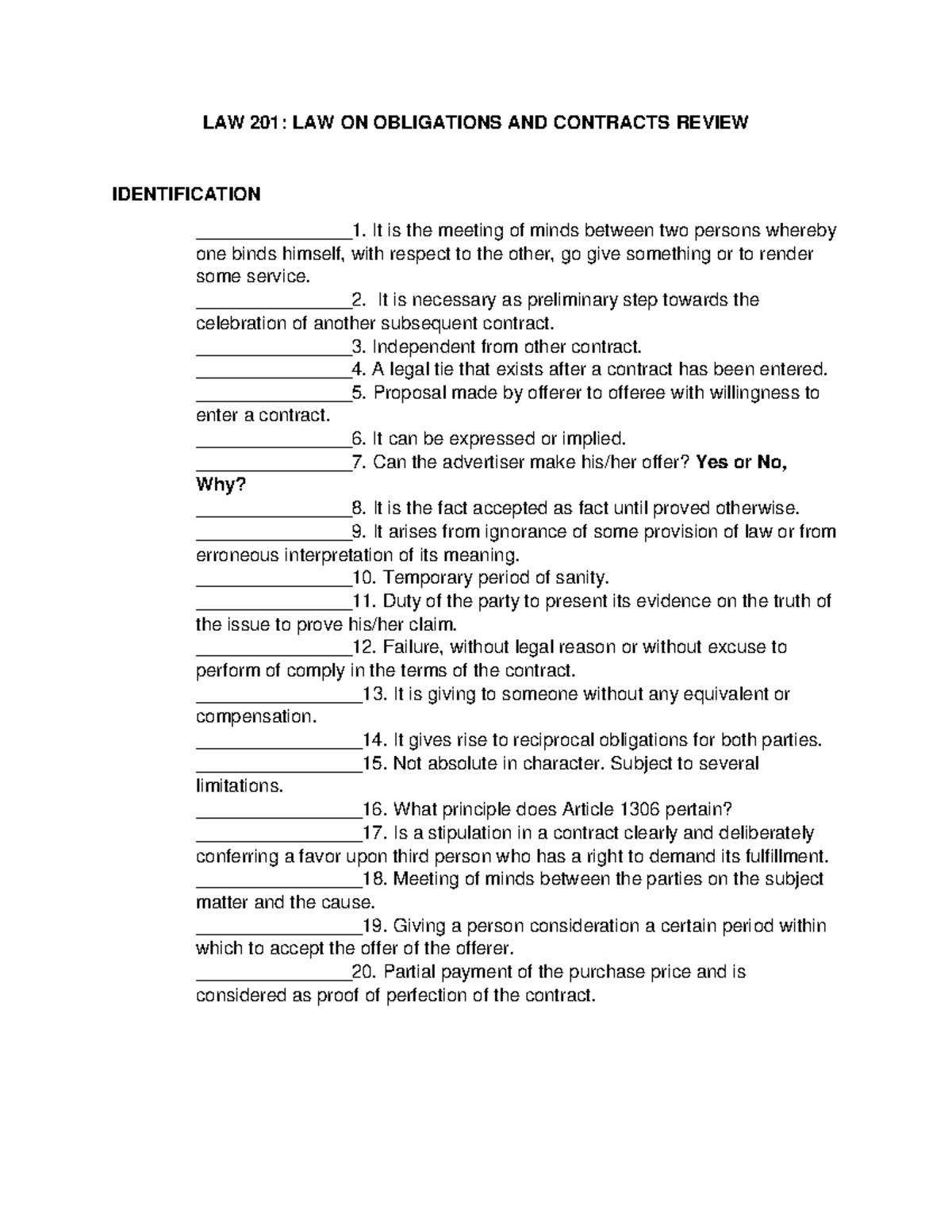LAW 201 - Review notes - LAW 201: LAW ON OBLIGATIONS AND CONTRACTS ...