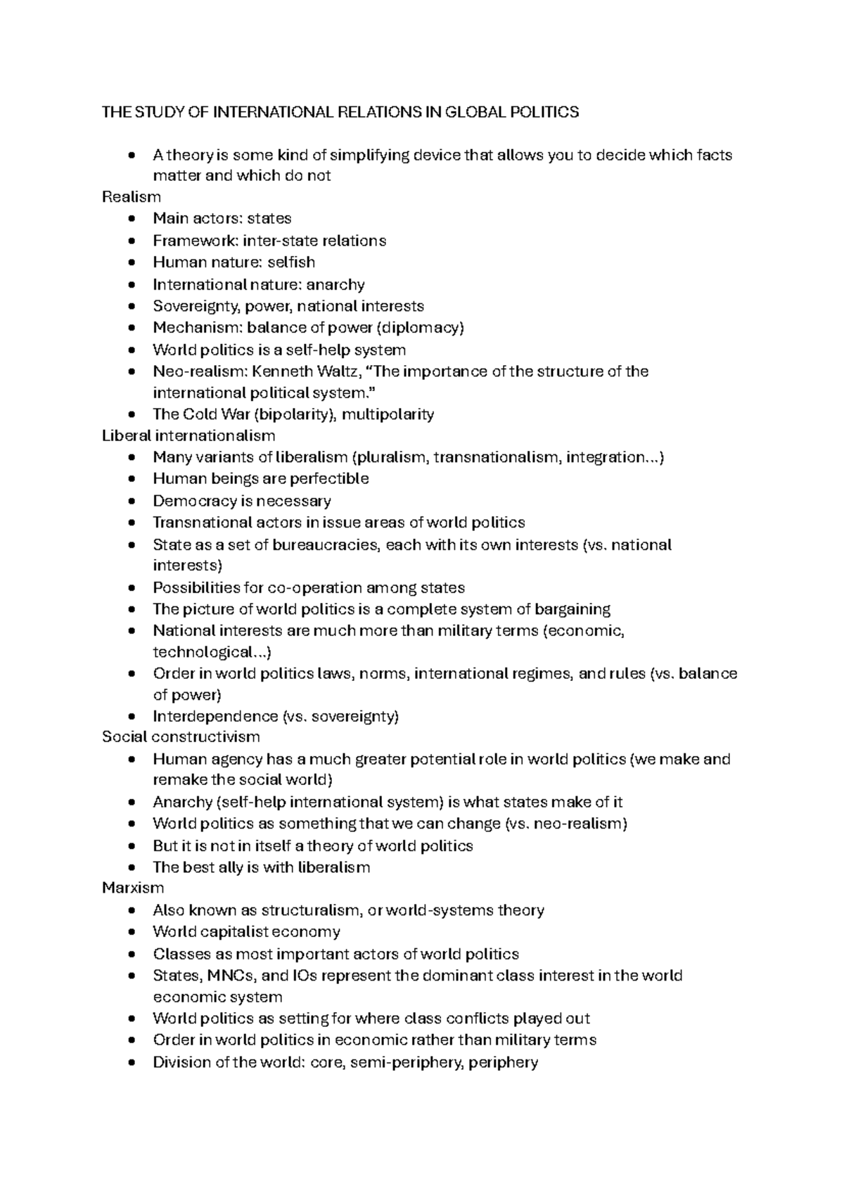 World Politics Notes (IR 101) - Key Theories and Concepts - Studocu