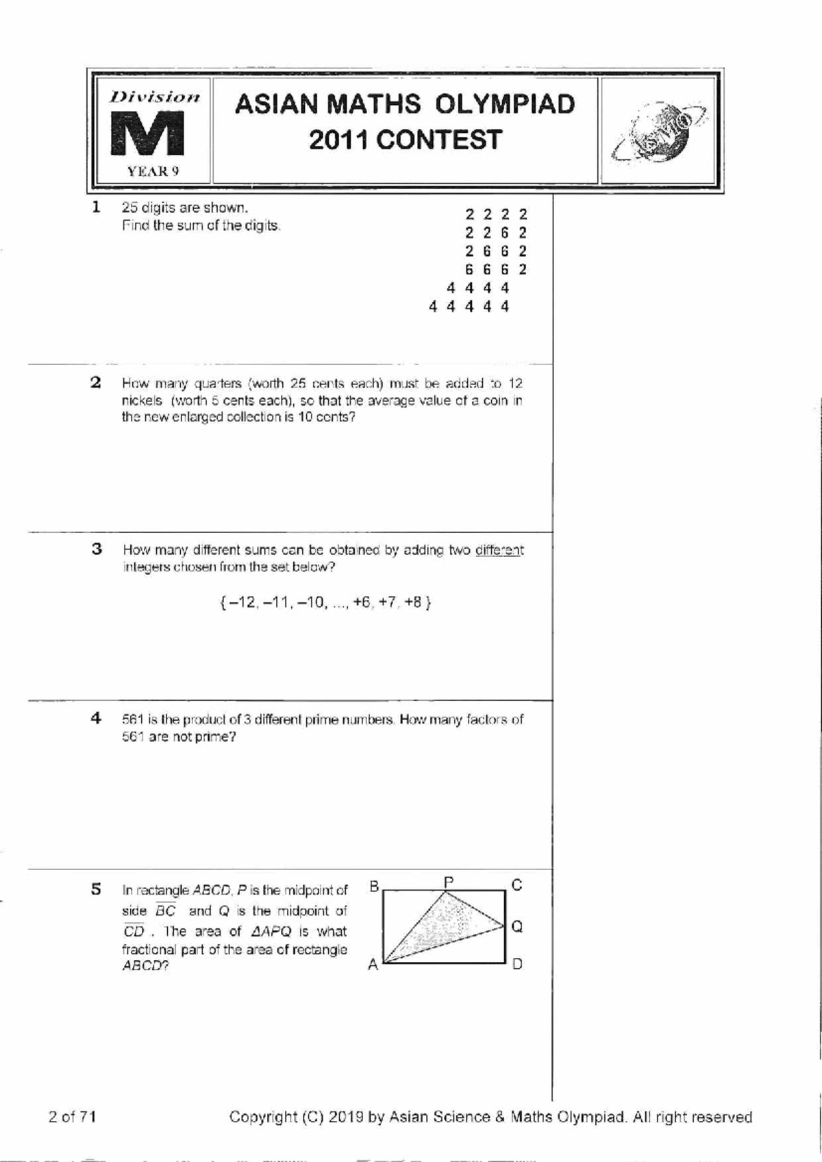 ASIAN MATHS OLYMPIAD 2011 CONTEST YEAR 9 - Problem Set - Studocu