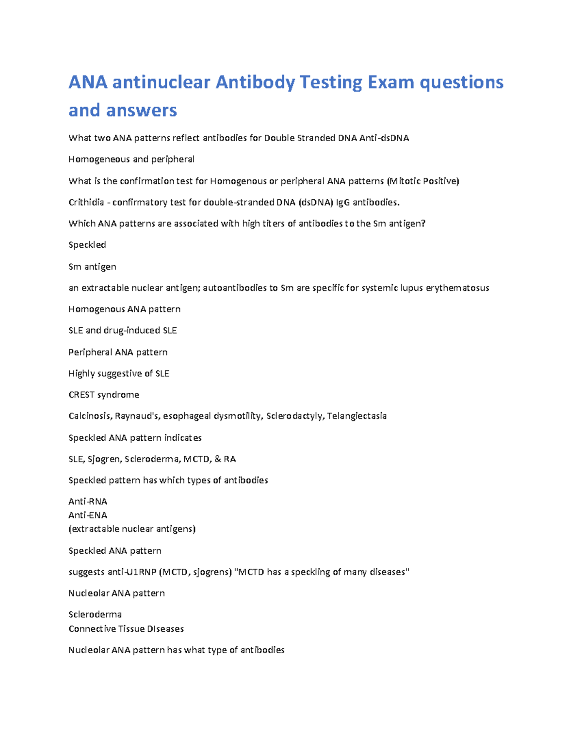 ANA Antinuclear Antibody Testing: Exam Q&A Insights - Studocu