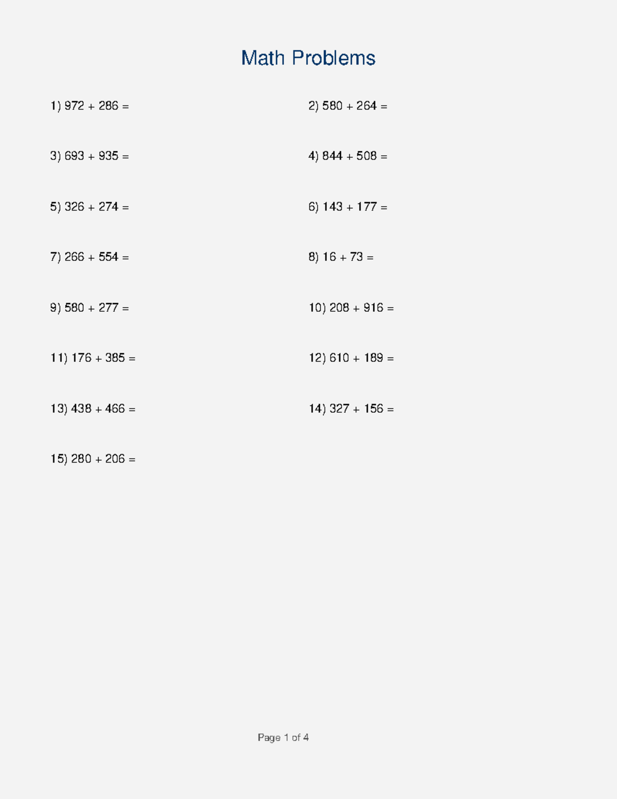 Math4434 233 - Accounting Problems - 972 + 286 = 2) 580 + 264 = 693 ...