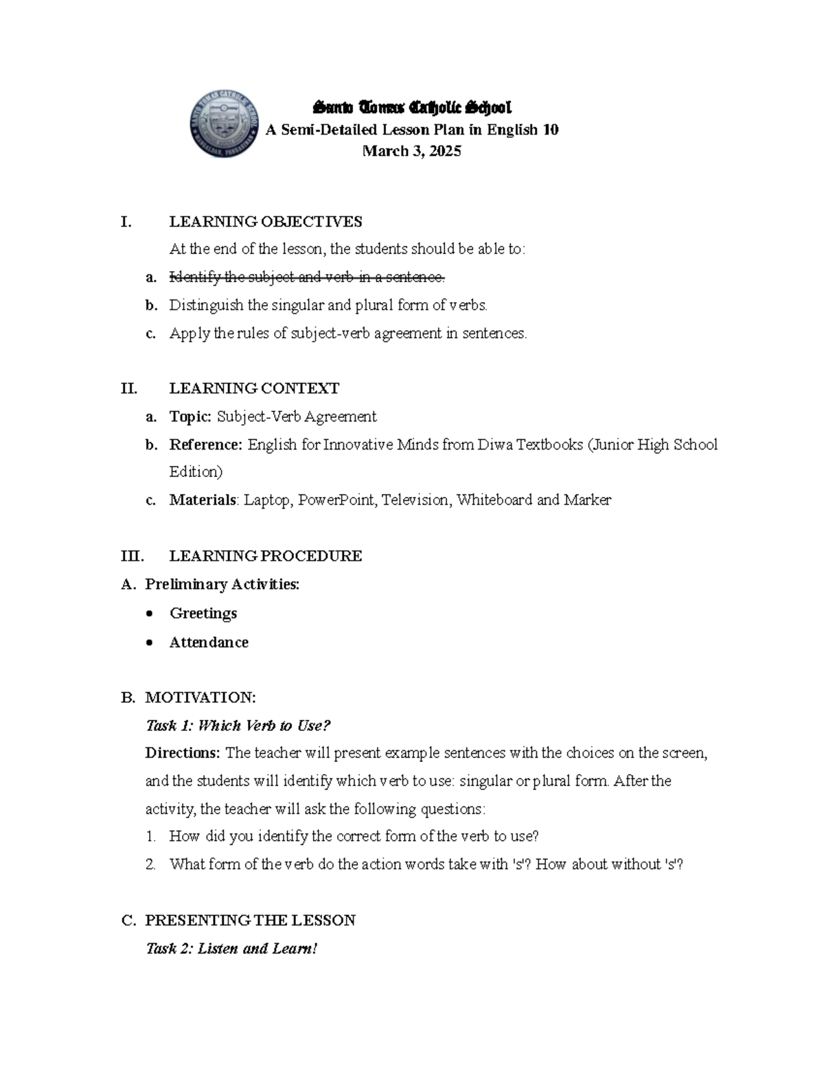 SDLP - Lesson Plan on Subject-Verb Agreement for English 10 - Studocu