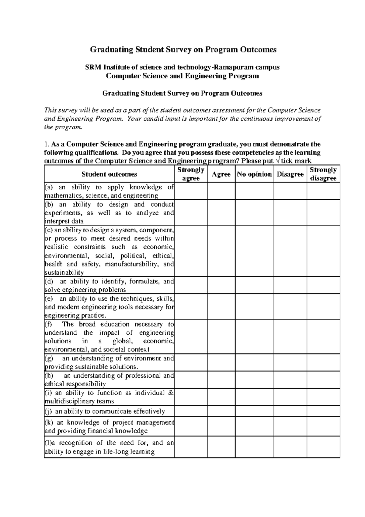 CSE Graduating Student Survey on Program Outcomes - Exit Feedback - Studocu