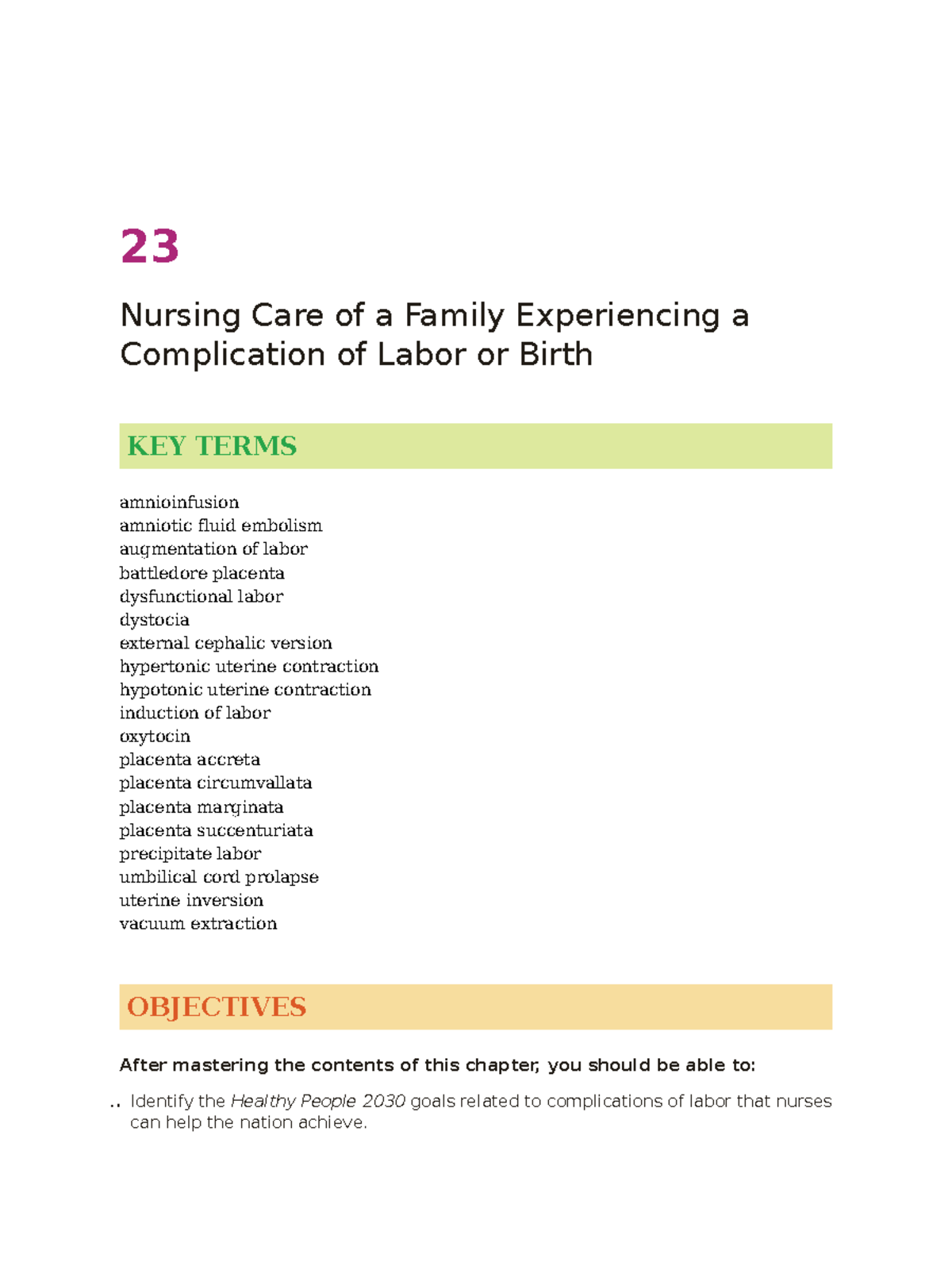 NUR 23 Nursing Care for Complications in Labor and Birth: Key Terms ...