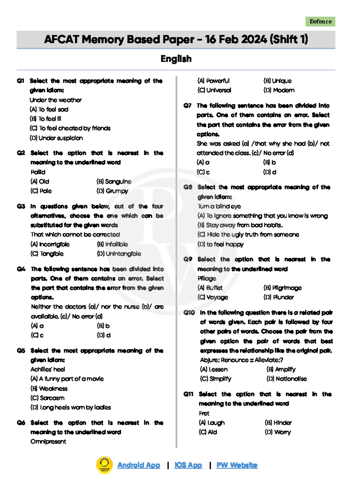 AFCAT English Memory-Based Paper - 16 Feb 2024 (Shift 1) - Studocu