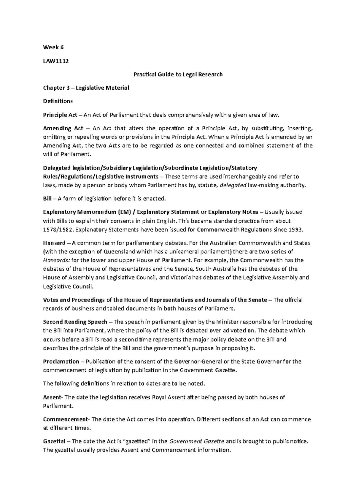 Week 6 Notes LAW1112 - Week 6 LAW Practical Guide to Legal Research ...