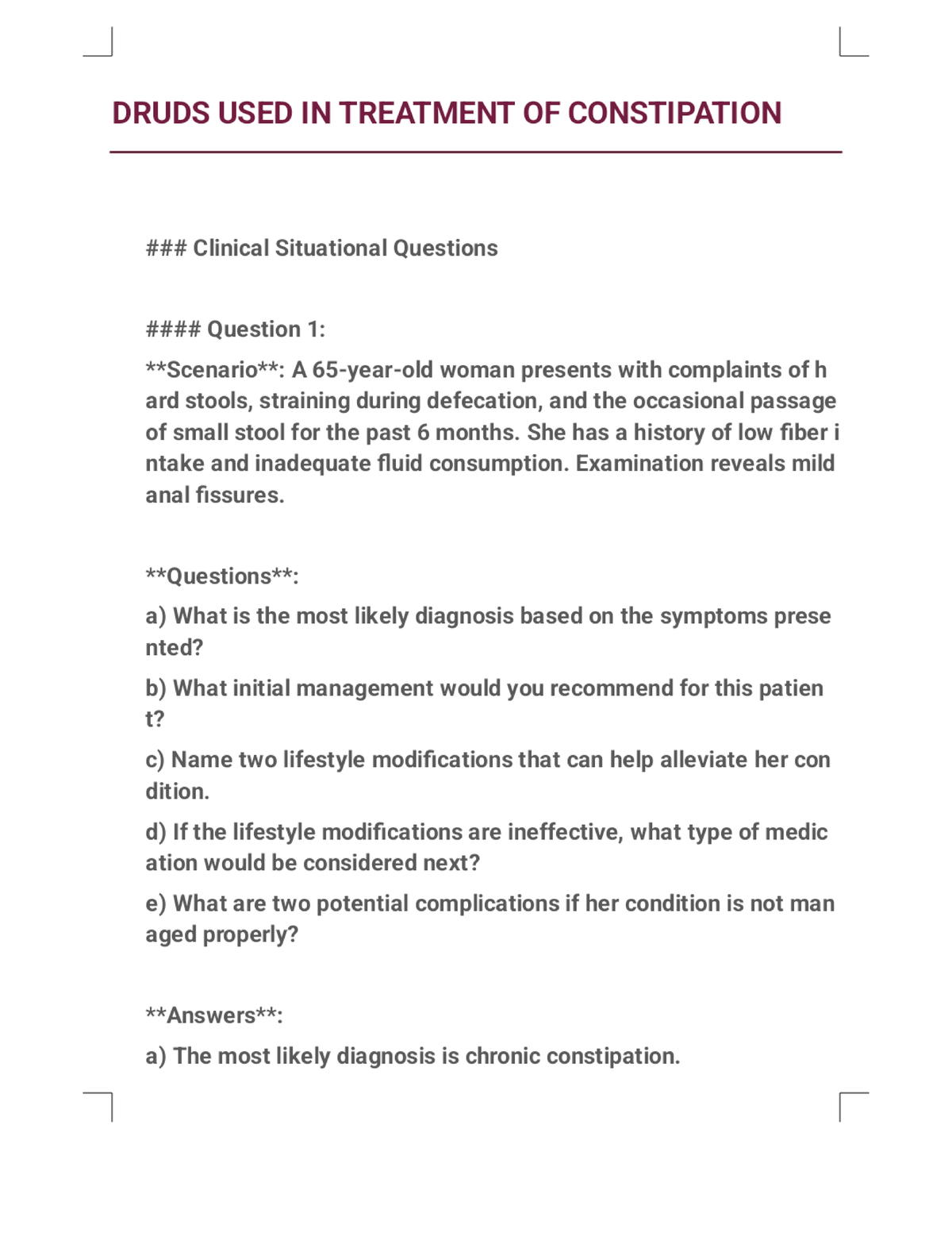 Drugs for Managing Constipation: Clinical Questions and Insights - Studocu