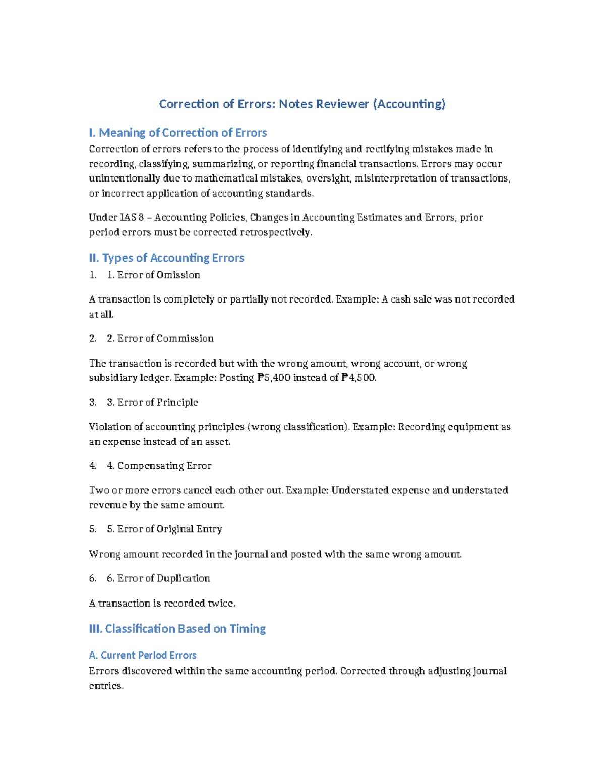 Correction of Errors: Accounting Notes Review (ACC 101) - Studocu