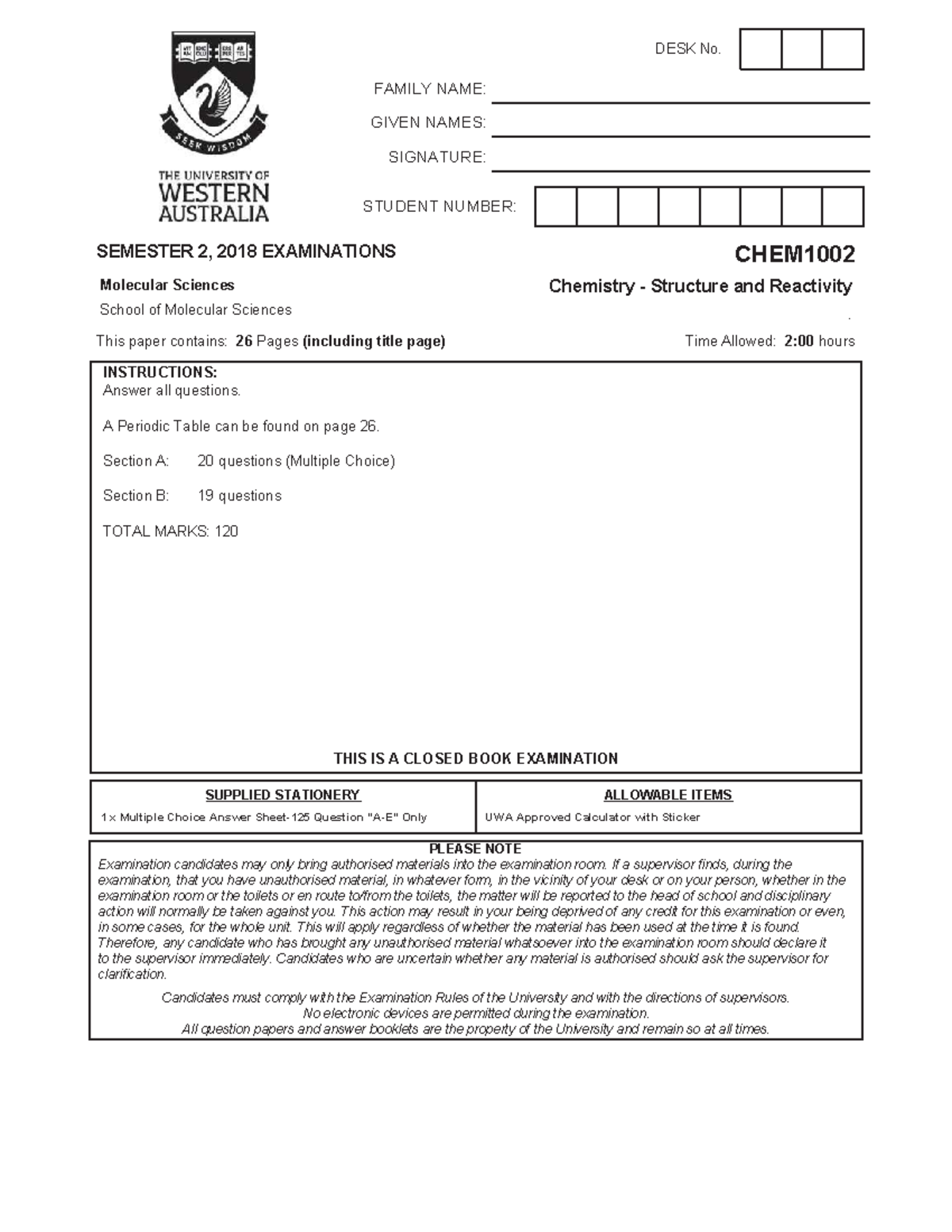 CHEM1002 Semester 2, 2018 Final Exam Practice Paper - Studocu