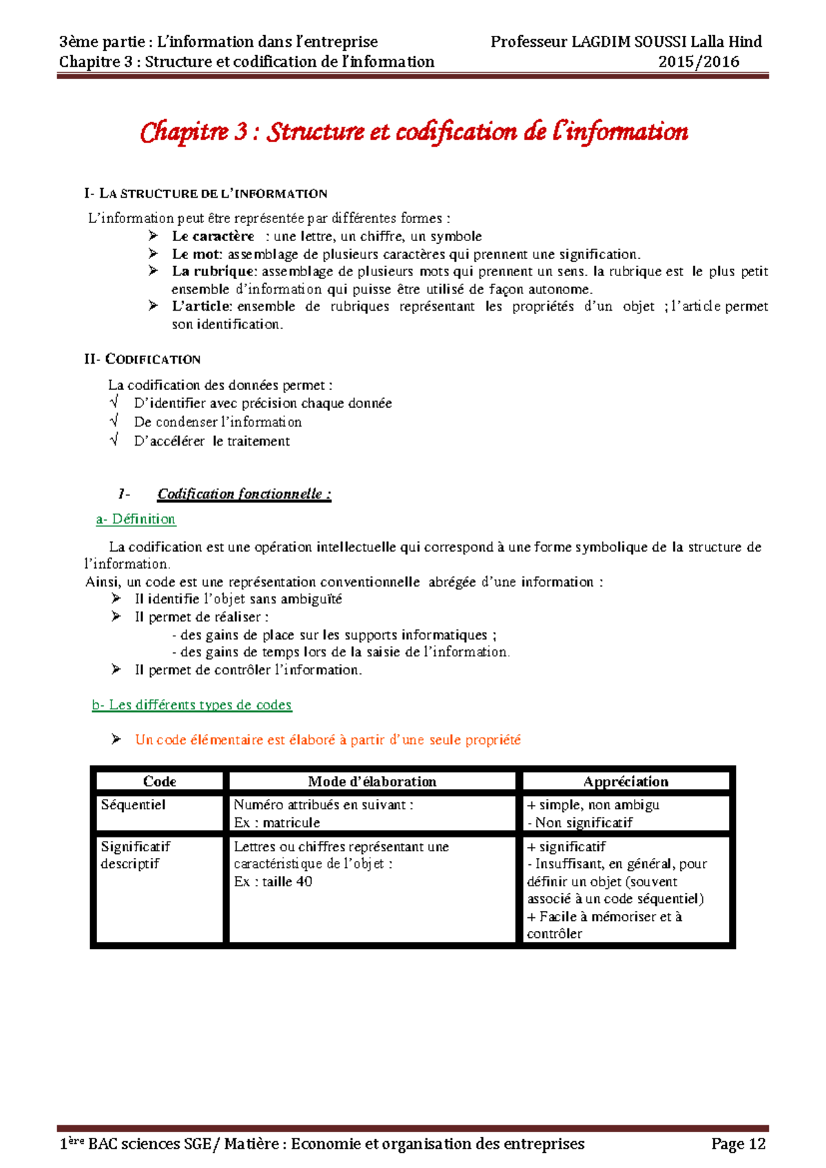 Chapitre 3 : Structure et Codification de l'Information - 1ère BAC ...