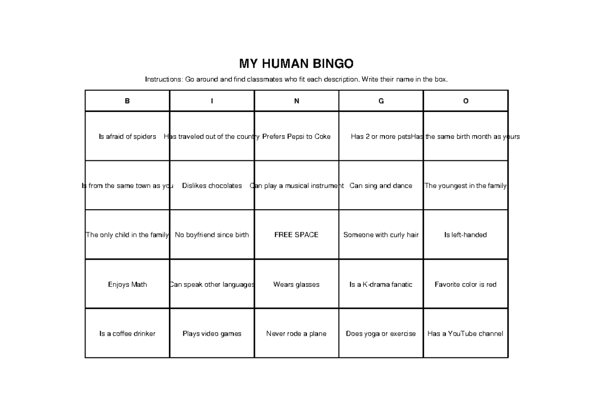 Human Bingo Instructions - FDGSDFG - Studocu
