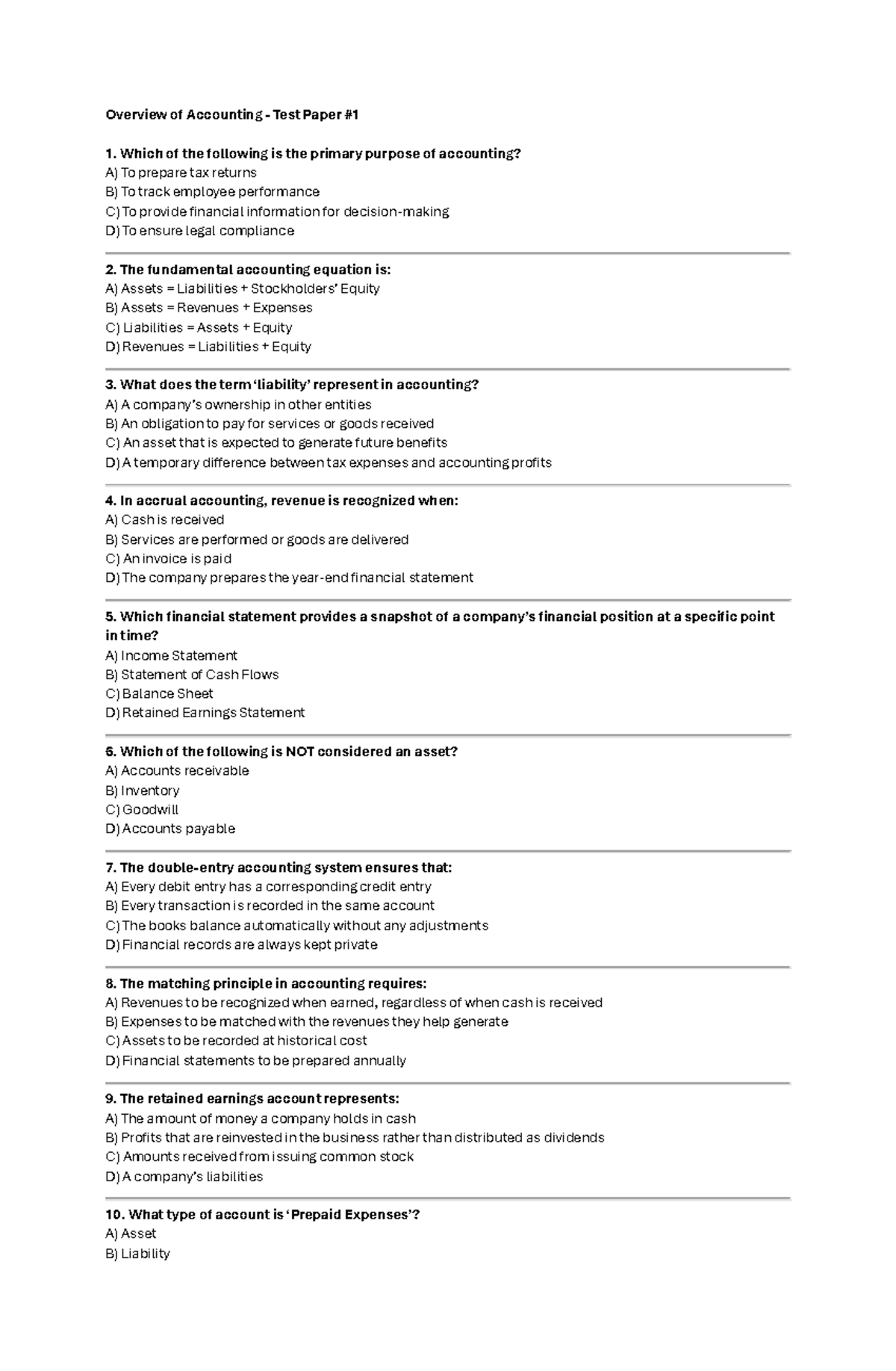 Overview of Accounting Testpaper 1 with Answer - Overview of Accounting ...