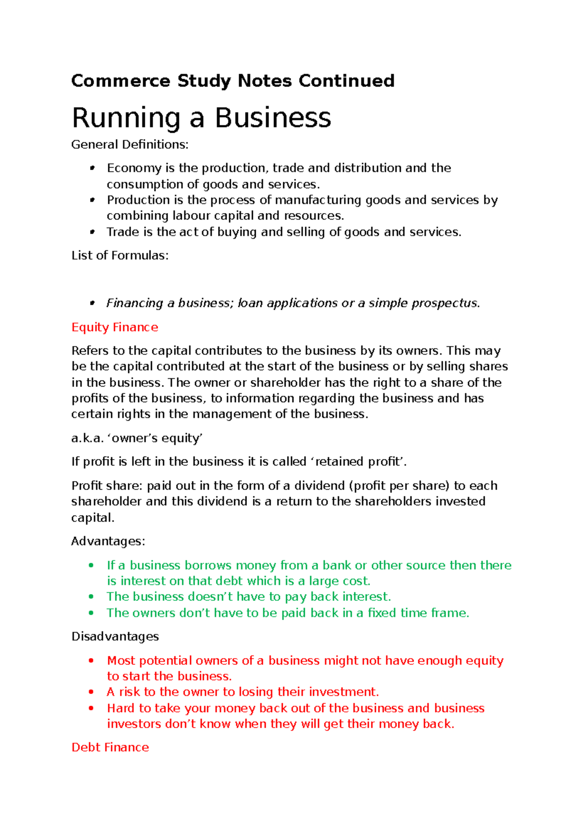 Commerce t2 - Commerce Study Notes Continued Running a Business General ...