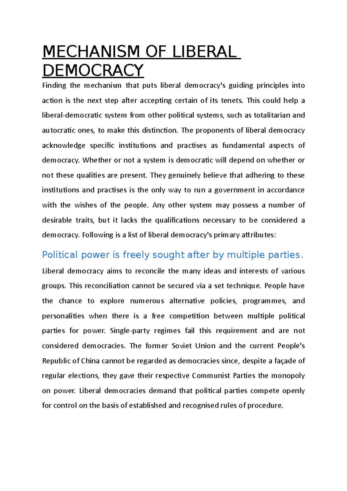 Exploring the Mechanism of Liberal Democracy: Principles & Practices ...