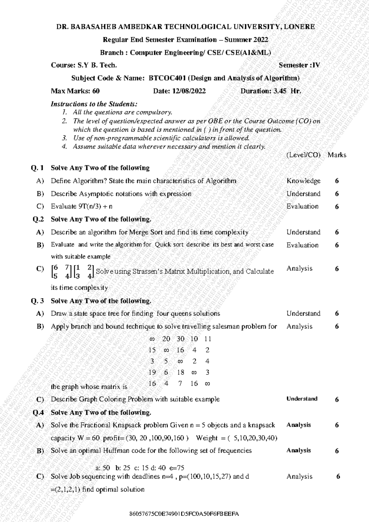 B.Tech CS AIML 4th Sem Final Exam: Design & Analysis of Algorithms, Aug ...